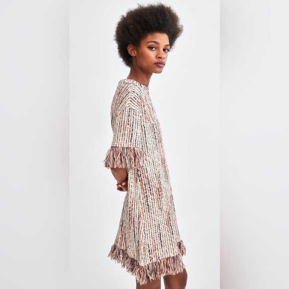 Zara Beige Tweed W/ Fringe Hem Mini Dress Sz M - Picture 2 of 11